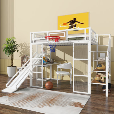 Full Metal Loft Bed With Built-In Desk And Storage