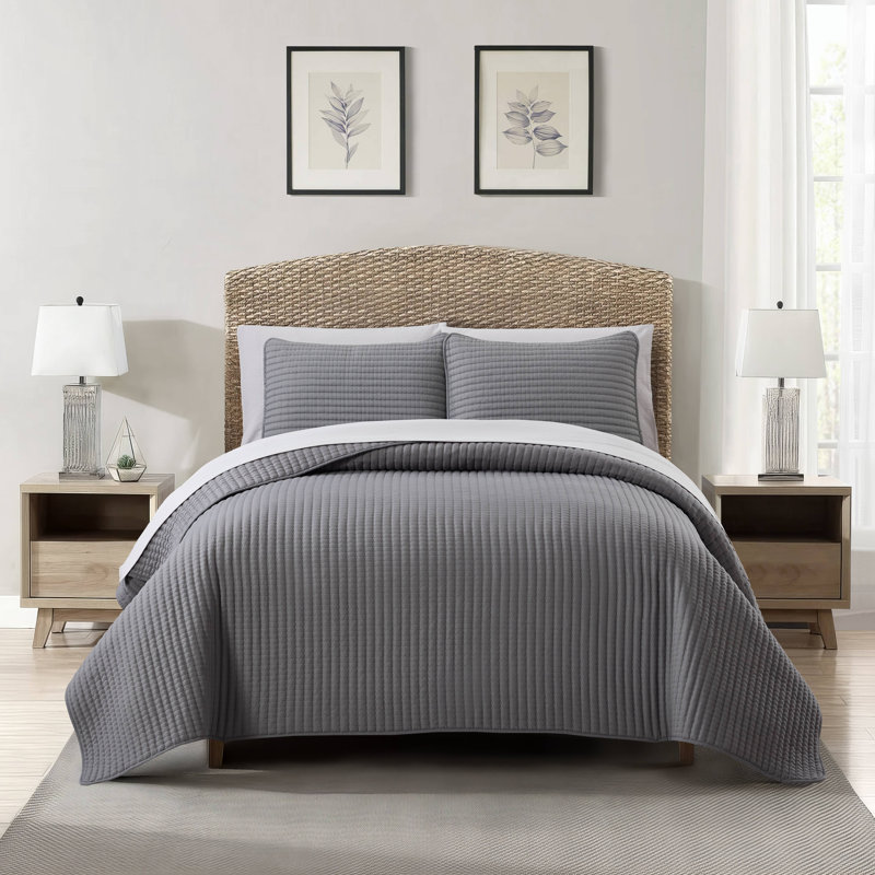 Gray Microfiber Queen Quilt Set with Waffle Design