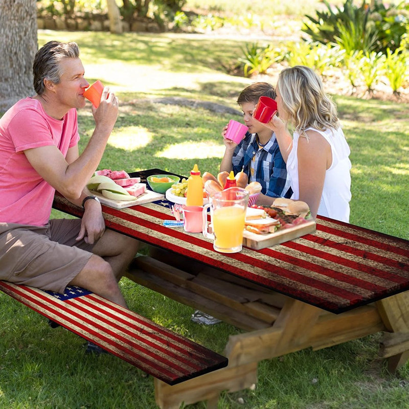 Picnic Table Cover With Bench Covers Elastic Edges, American Flag Fitted Table Cover, Outdoor Patio Camping Essentials, Waterproof Camping Fitted Tablecloth With Drawstring Bag