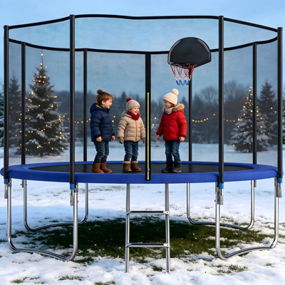 Trampoline de jardin de 12 pi avec filet de sécurité et crochet en T, grand trampoline d'extérieur rond pour enfants et adultes - Usage intensif