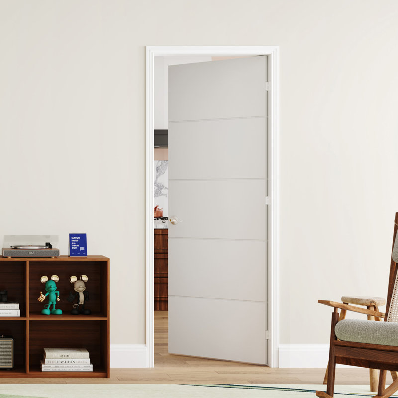 Porte intérieure française pré-montée double à 5 panneaux de style moderne avec cadre réglable, cadre en bois massif et bois manufacturé blanc (ensemble de 2)