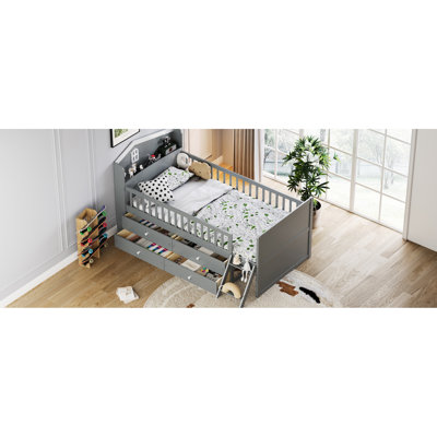 Cadre de lit simple pour lit double, gris, 4 tiroirs, garde-corps, tête de lit style maison, escalier à 2 marches et sous-espace, lit plateforme, aucun sommier requis gris avec tablette de rangement, sommeil sécuritaire, assemblage facile