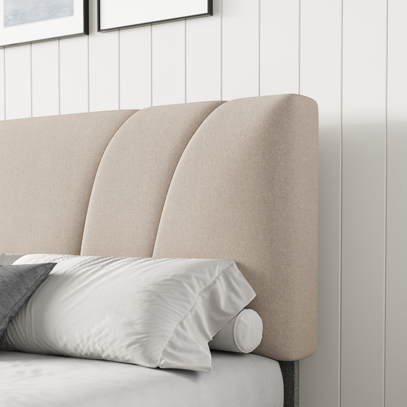 Lit plateforme tapissier avec tête de lit ajustable, Très grand lit, Beige, Tête de lit réglable