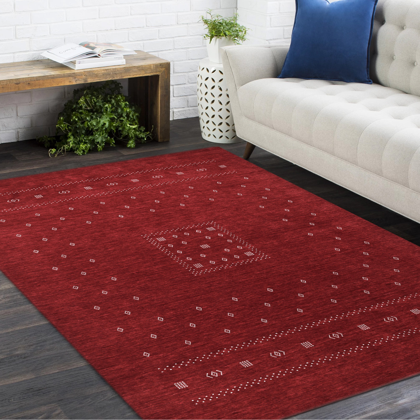 Simi Hand-Woven Geometric Cotton Wool Rug, Rectangle 10' x 14', Red