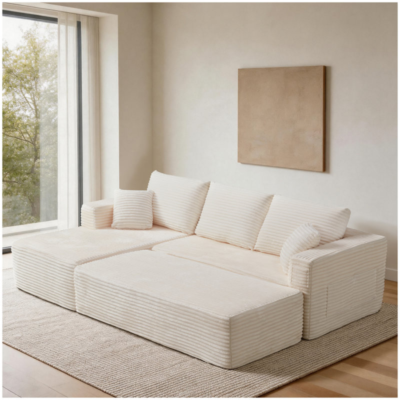 Canapé d'angle modulaire beige avec méridienne, canapé cinq places à assise profonde, aucun assemblage requis, mobilier de salon en tissu moelleux