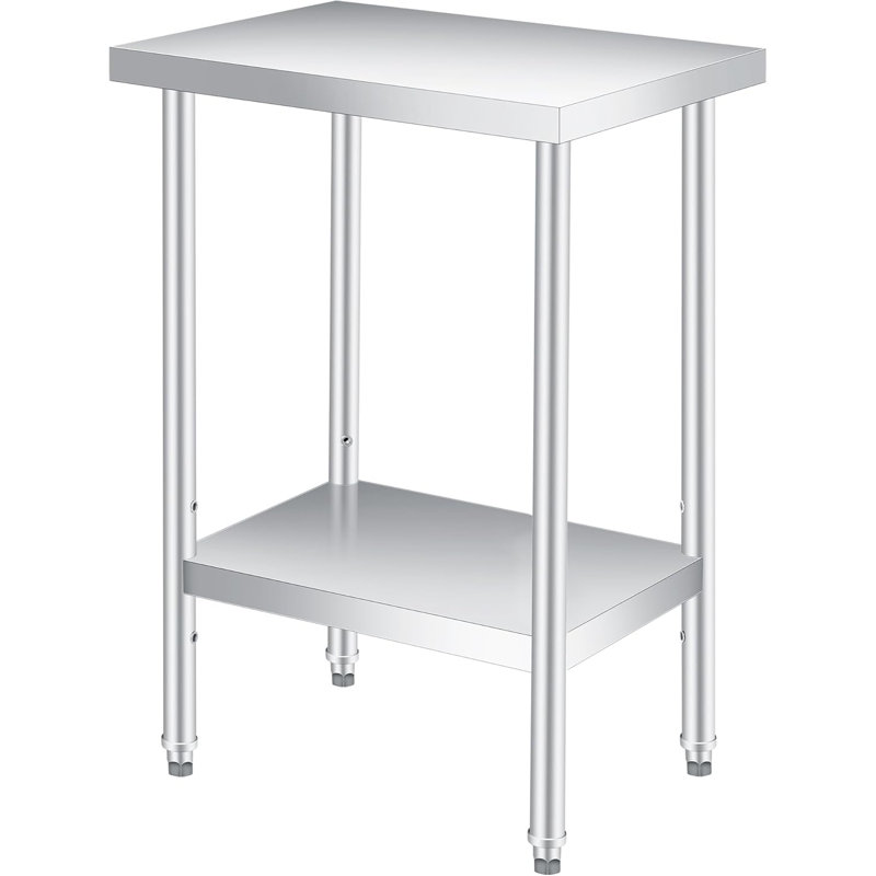 Table en acier inoxydable pour la préparation et le travail, table de travail de cuisine à 2 niveaux avec tablette réglable et pieds préinstallés, petite table en métal pour le restaurant, la maison, le garage et l'extérieur