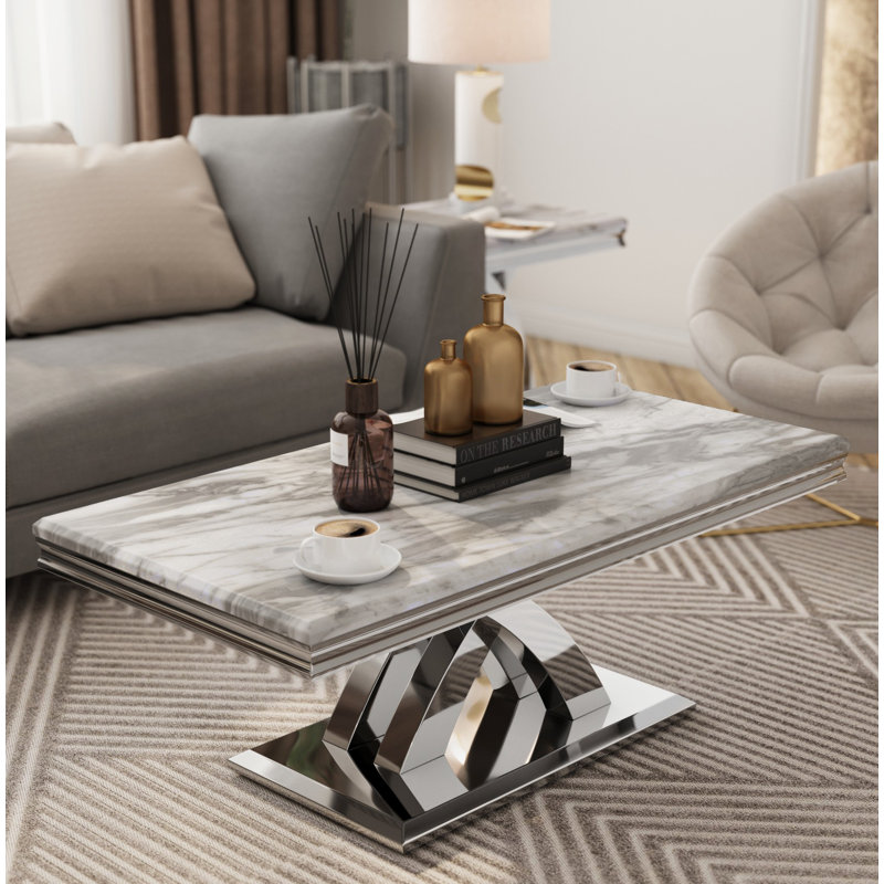 Silver And Grey Coffee Table With Mirrored Silver X-Base