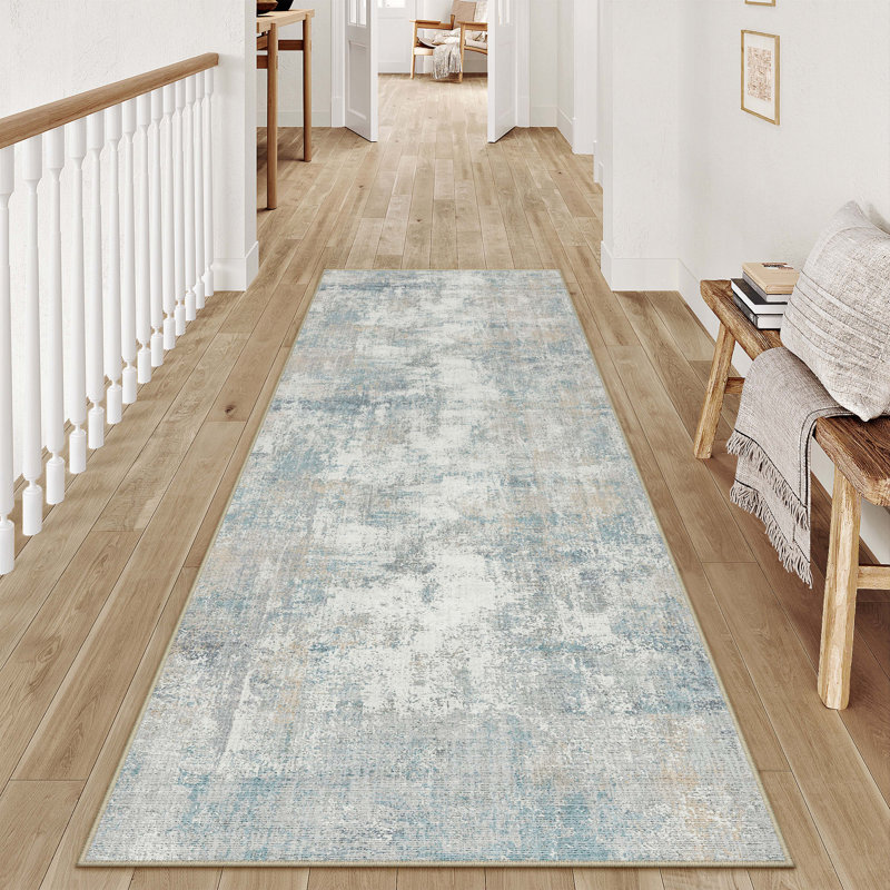 Tapis moderne lavable abstrait bleu, Tapis de couloir 2 pi x 6 pi, Bleu