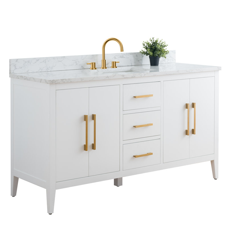 Chambery 60" Single Sink Bathroom Vanity with Engineered Marble Top, White, Golden Brushed