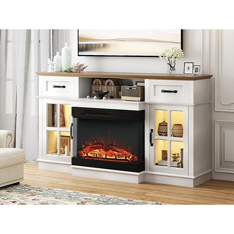 Fireplace TV Stand, White – Modern Electric Fireplace Console With 3-Sided Glass Heater, LED Light Strip, Drawers & Glass Doors For Tvs Up To 65"