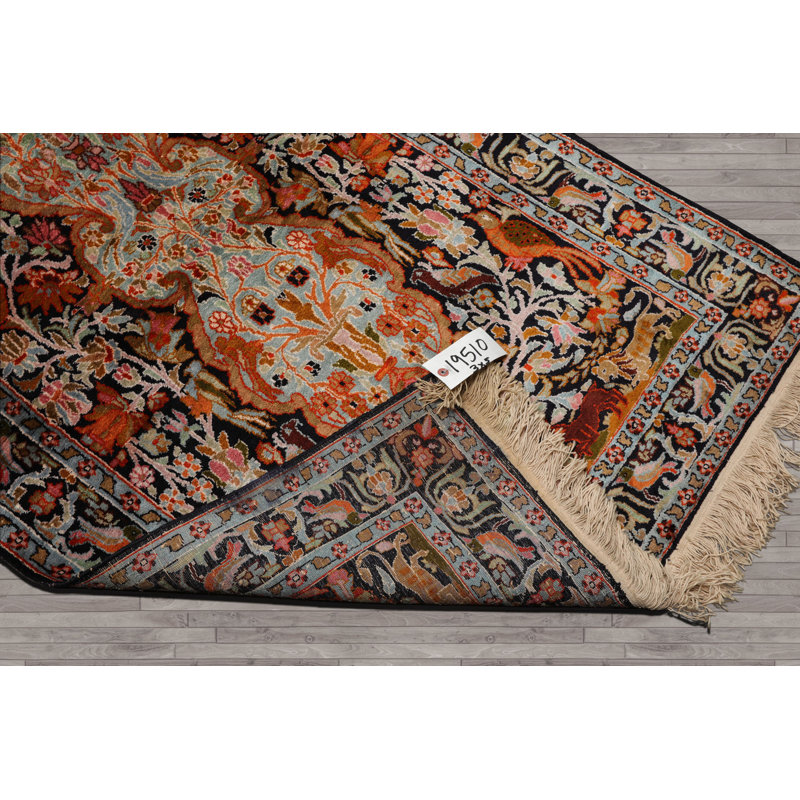 3x5 Hand Knotted Black Qum All Silk Traditional 200 KPSI Rug