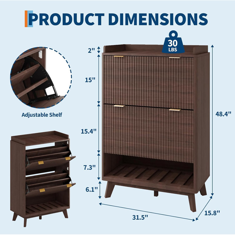 Range-chaussures cannelé, rangement pour chaussures de style moderne et étroit de 48 po avec 2 tiroirs rabattables, tablettes réglables et tablette inférieure ouverte