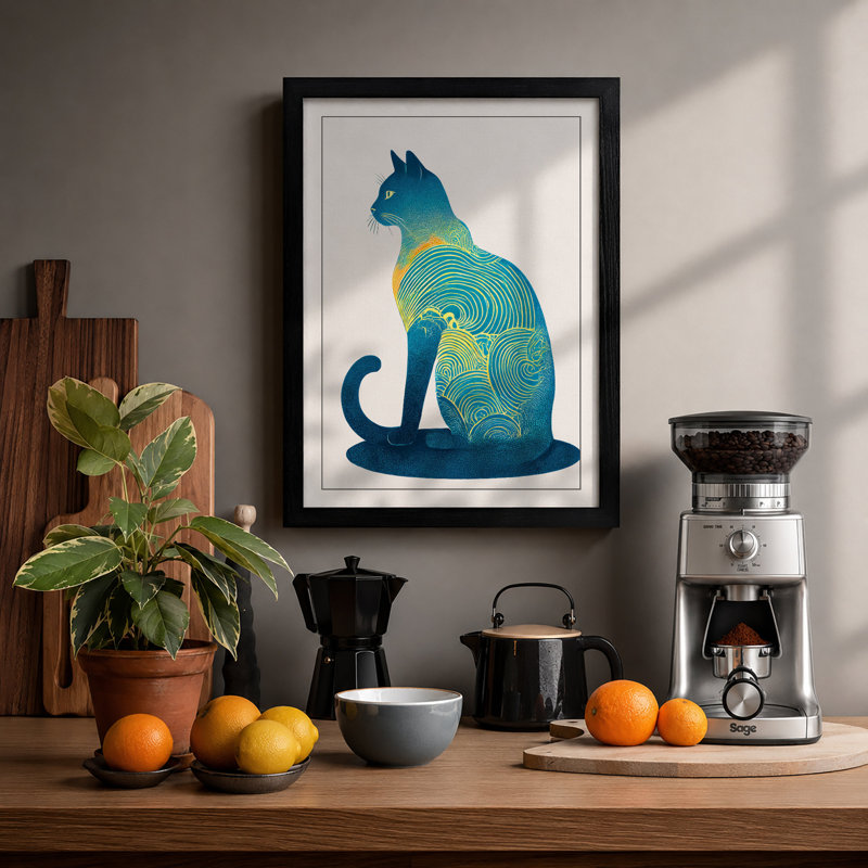 Serene Cat In Blue Boho - Single Picture Frame Print, A2 - 59.4 x 42.0 cm, Black
