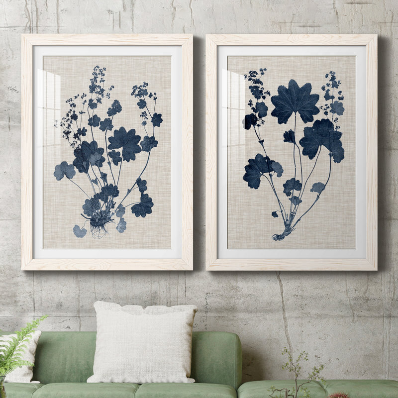 Bleu marine et feuilles de lin II - ensemble de 2 reproductions d'art sur papier encadré, H 31,5 po x l 47 po, Blanc