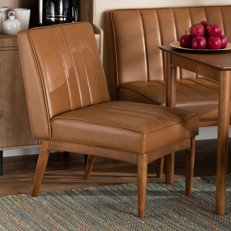Hilley Mid-Century Modern Tan Faux Leather Upholstered And Walnut Brown Finished Wood Dining Chair, Brown