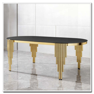 Table de salle à manger ovale 70,08 "avec plateau en verre noir et base en acier inoxydable doré pour 6 sièges