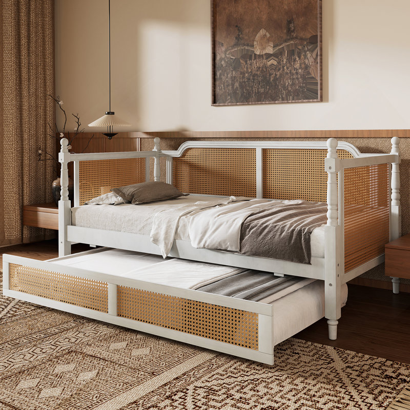 Lit de jour en rotin avec couchette, Blanc antique