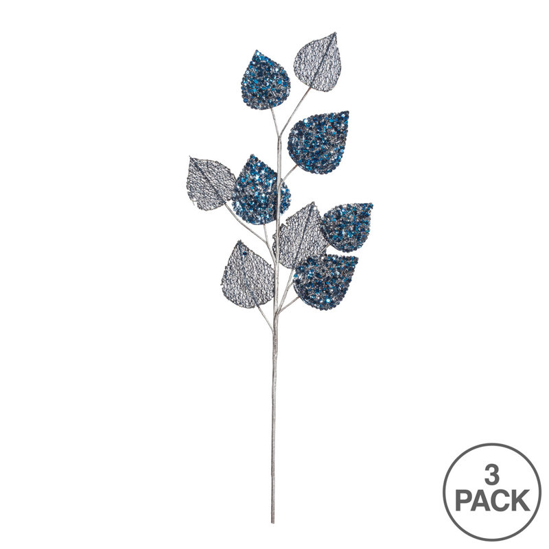 Traditional Blue Glitter Mesh Mulberry Leaf Christmas Spray 3-Pack