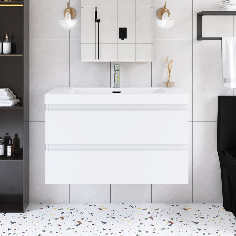 36'' Wall-Mounted Single Bathroom Vanity With Integrated Resin Top, White