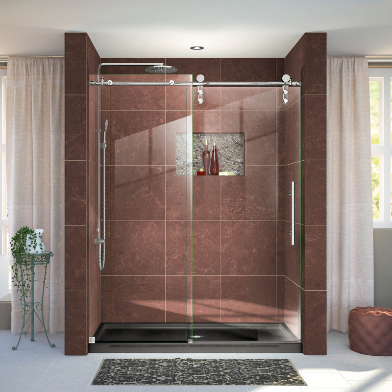 Porte de douche coulissante simple sans cadre l 56 po x H 76 po Enigma-Z avec technologie Clearmax ™, Acier inoxydable poli