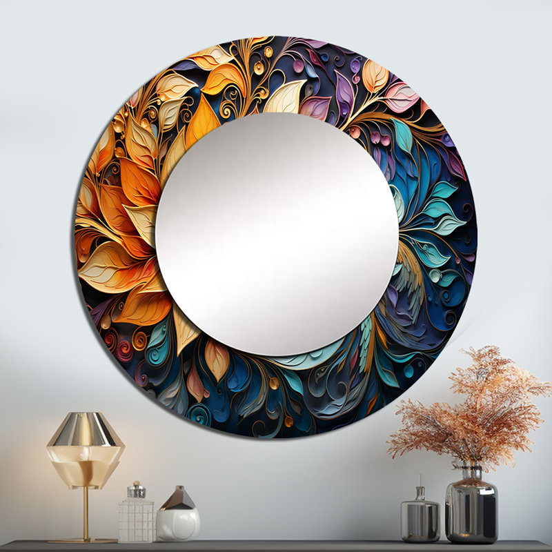 Art indien coloré et mystique Rangoli I - art mural indien unique, miroir mural rond, impression sur métal, 29 po x 29 po