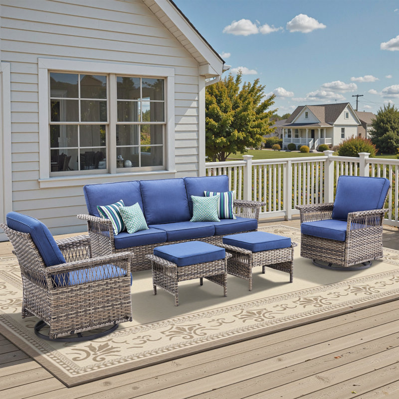 Anferney 5-Piece Outdoor Patio Sofa Conversation Set With Swivel Chairs, Blue