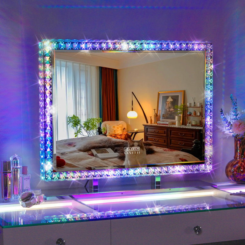Vanity Mirror With Bluetooth Player 32'' x 24'' RGB Lights Premium Crystal Cosmetic Tabletop White