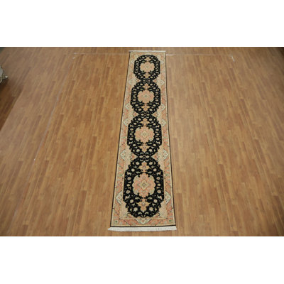 Charmant tapis de couloir traditionnel noir et saumon de qualité supérieure 3 x 13