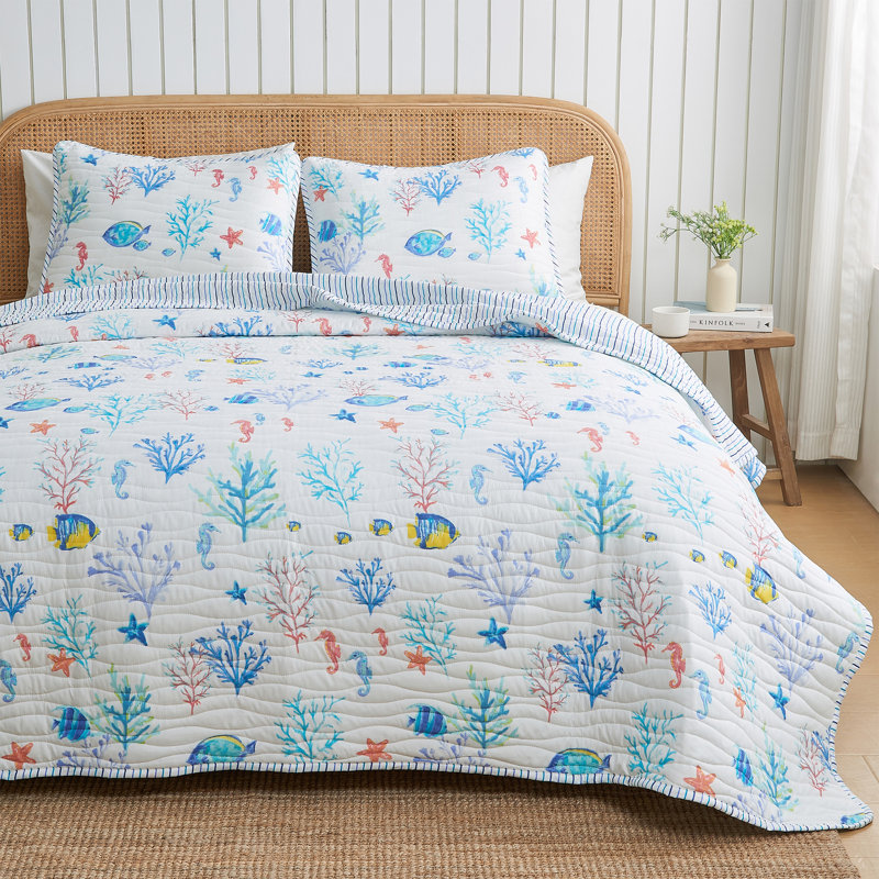 Twin Blue Microfiber Coastal Reversible Quilt Set