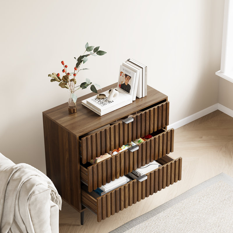 Fluted 3 Drawer Dresser,Modern Storage Cabinet,Wood Chest Of Drawers for Bedroom & Living Room