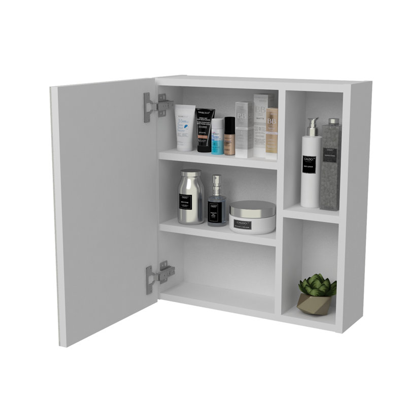 Armoire à pharmacie avec porte miroir et tablettes ouvertes et fermées Labelle, Blanco
