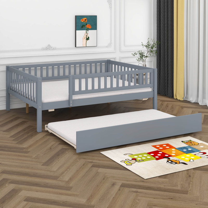 Full Size Daybed With Trundle, Wood Kids Platform Bed Frame With Fence Guardrails, No Box Spring Needed, Gray