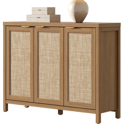 43.5''W 3-Door Rattan Sideboard Buffet Cabinet with Adjustable Shelves, Modern Boho Farmhouse Storage Cabinet Credenza for Kitchen Dining Room Entryway Living Room