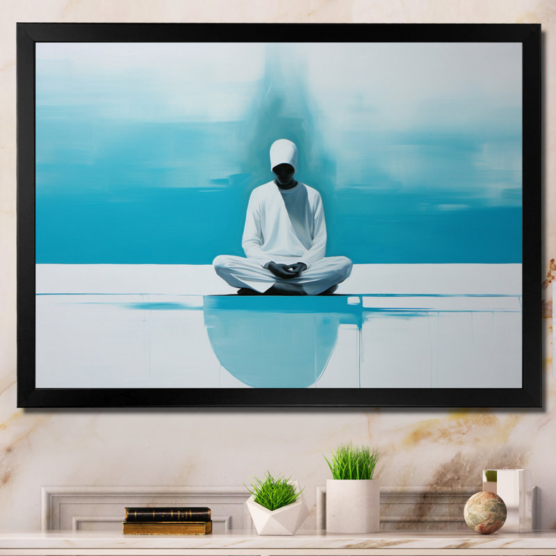 White Blue Meditation Harmony Of Mind - Spiritual Wall Art Prints, H 12 po x l 20 po, Cadre photo noir