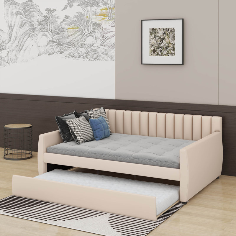Lit de jour double avec lit gigogne, Beige