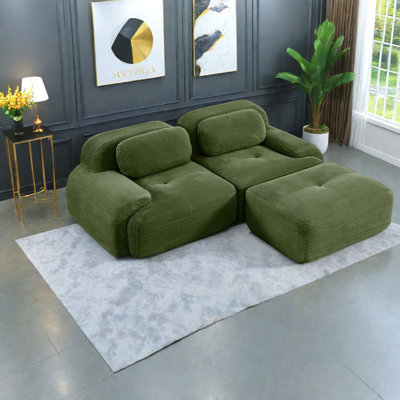 Canapés modulaires vert olive, tissu en velours côtelé, design moderne en forme de L pour le salon