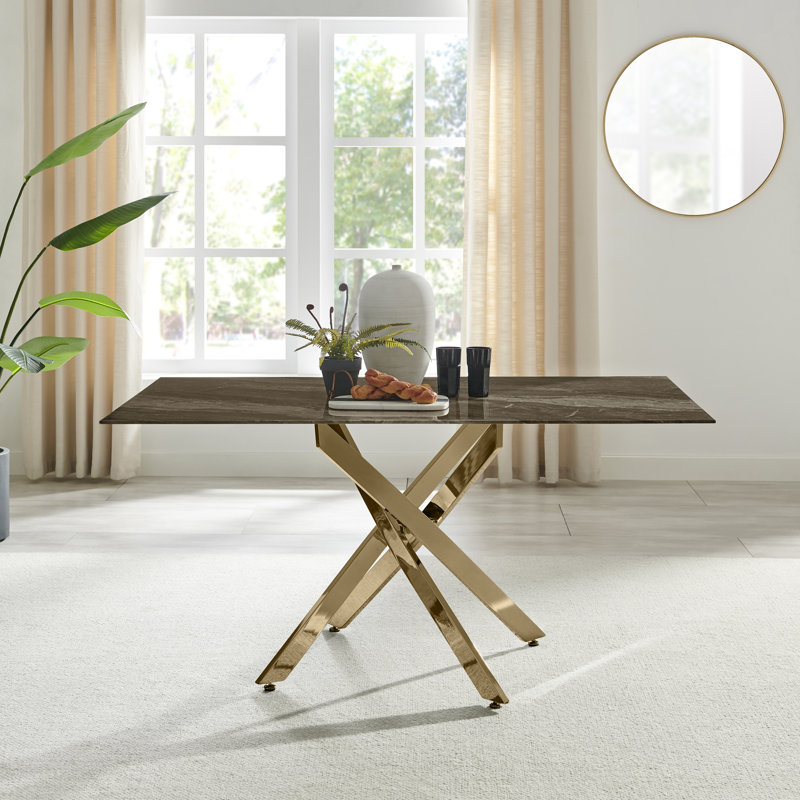 Chanden Luxury Marble Effect Glass 6 Seater Dining Table - Modern Statement Design, Gray, Gold