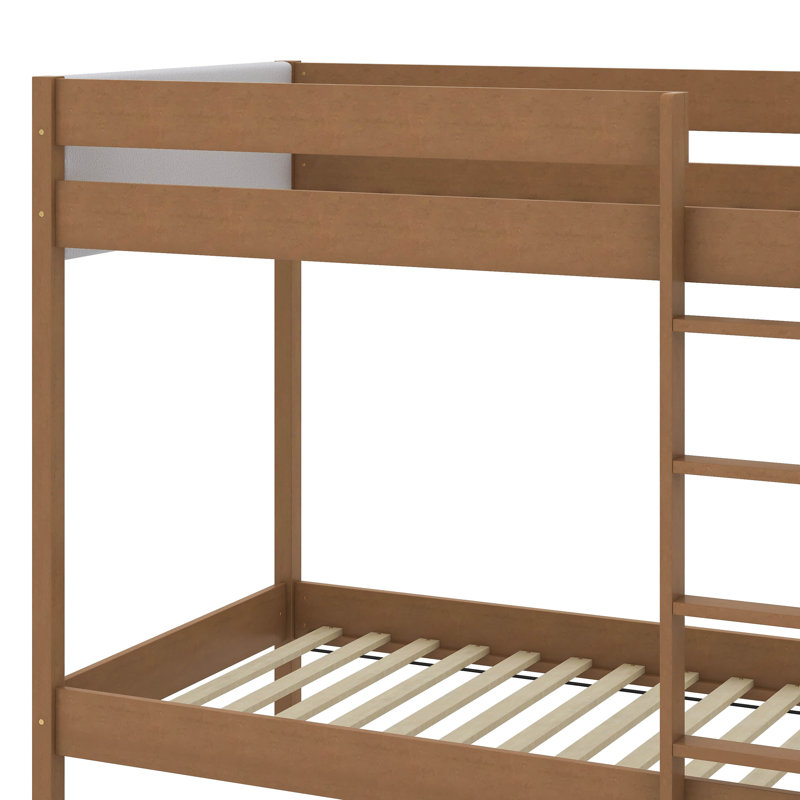 Lit superposé simple au-dessus de simple, structure de lit superposé tapissier avec échelle, garde-corps de sécurité, bois d'hévéa, tête et pied de lit en tissu molletonné