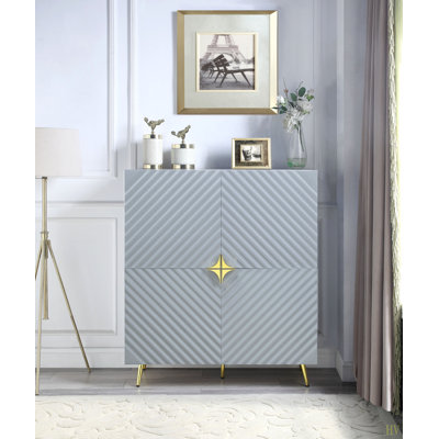 High Gloss Finish Accent Cabinet With Wave Pattern Design, Four Doors And Adjustable Shelves