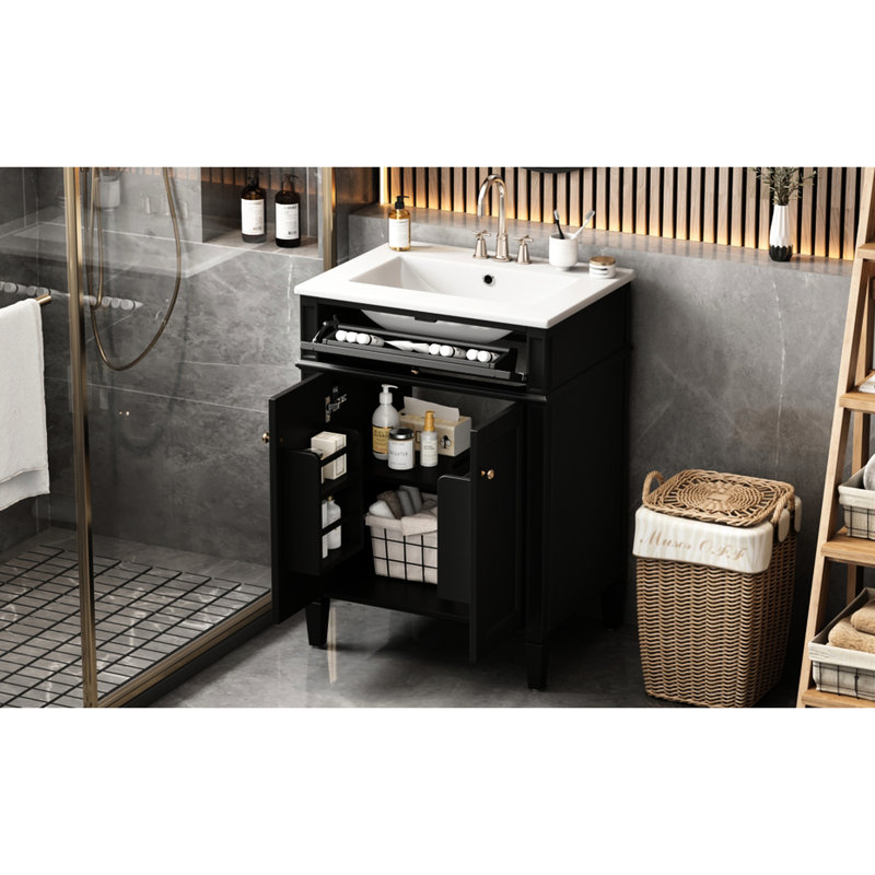 Meuble-lavabo de 24 po avec 2 portes, tiroir basculant et lavabo de conception moderne pour les espaces, structure en bois massif, lavabo à tablettes de rangement réglables, tiroir pratique et élégant, fermeture d'armoire silencieuse, cuve en céramique