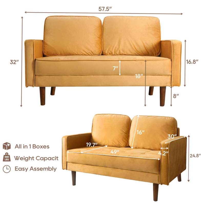 Muneef Corvettta 57.5"  square armrest pull-button double velvet couch, Ginger