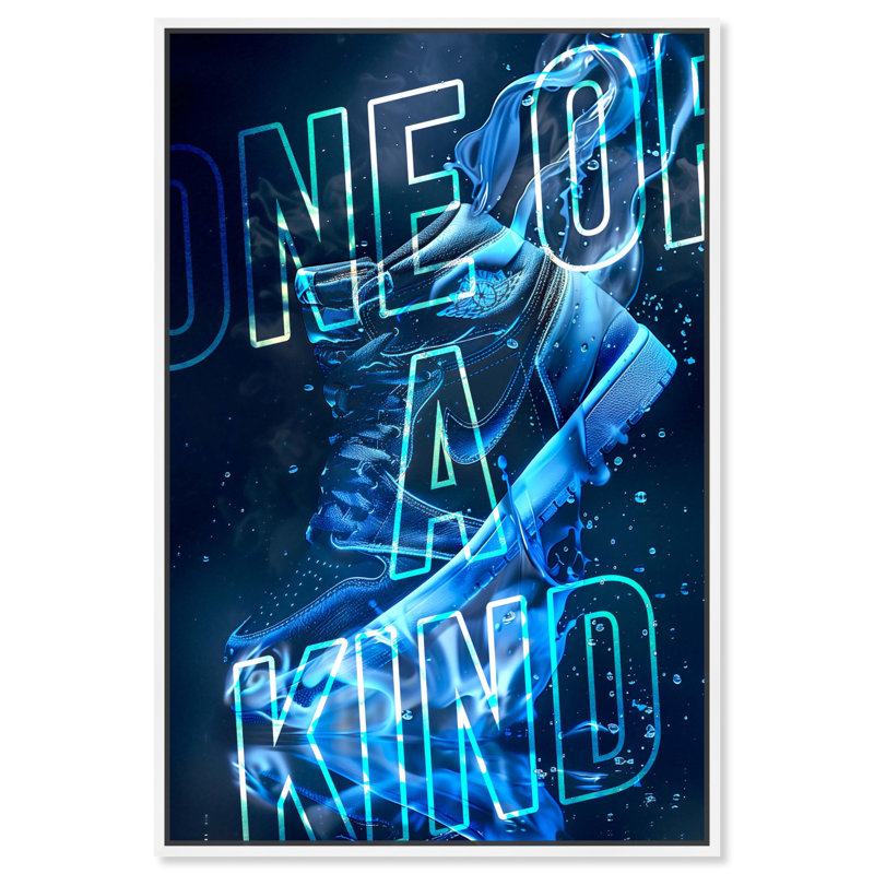 «One Of A Kind Blue Drip Sneaker Man» par Notoriart, H 55 po x l 37 po, Cadre blanc