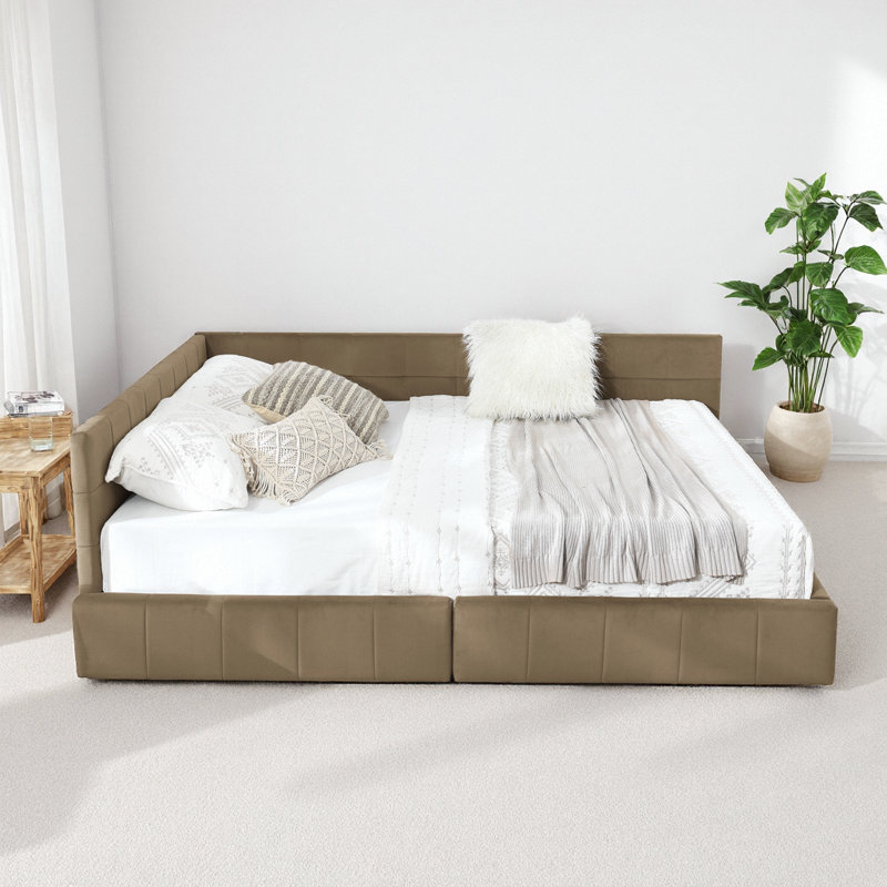 Queen Velvet Storage Daybed Sofa Bed, Mid-Century Tufted Upholstered Bed Frame with Drawers & Armrests, Brown, Queen, Brown