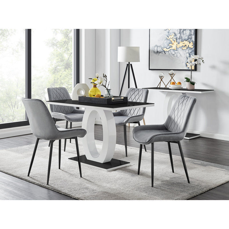 Scottsmoor High Gloss Halo Dining Table Set & 4 Luxury Velvet Dining Chairs - Modern Design, Grey/Black
