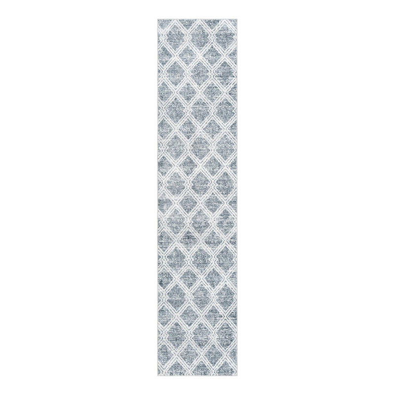 Tapis géométrique en polyester bleu / ivoire Massie, Tapis de couloir 2 pi 7 po x 12 pi
