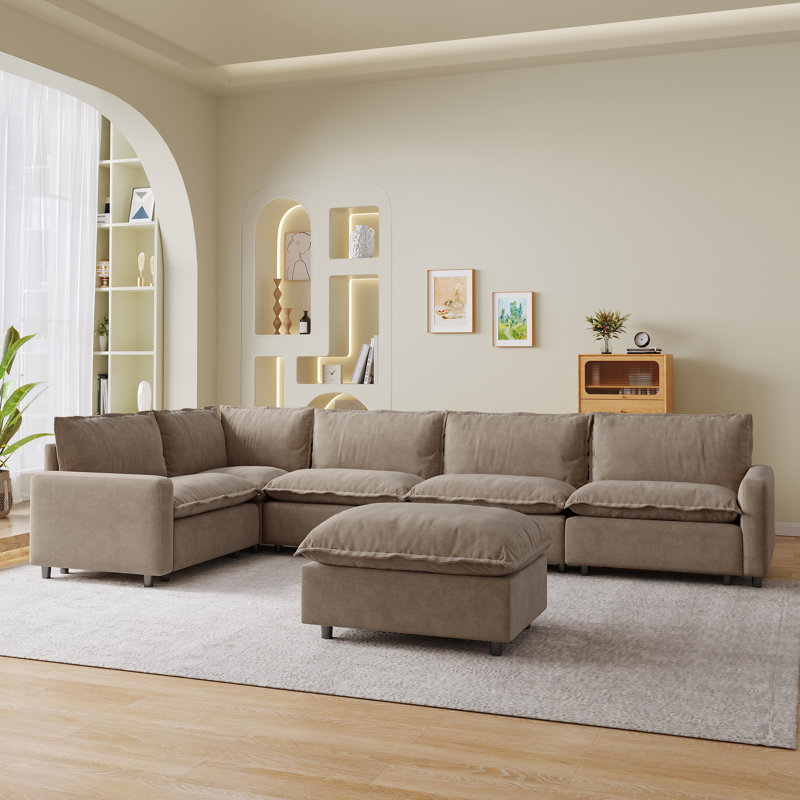 6-Piece Sectional Sofa Set With 3-Proof Fabric, Power Recliner, Heated Seat & Ottoman, Khaki