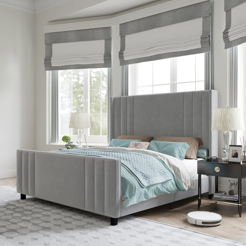 Light Gray Velvet Upholstered Queen Bed with Tufted Headboard