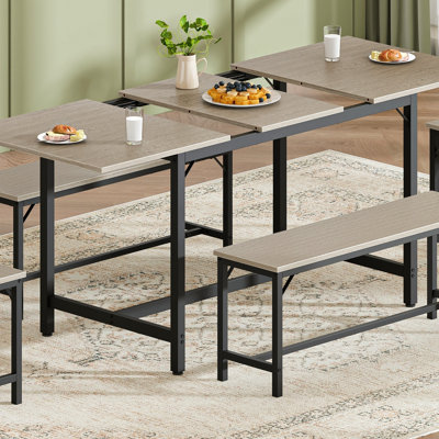 Expandable Dining Table Set or 4-8, 63" Large Extendable Kitchen Table with 2 Benches & 2 Stools, Modern Wood Top & Metal Frame, Space-Saving, Easy Assembly, Grey