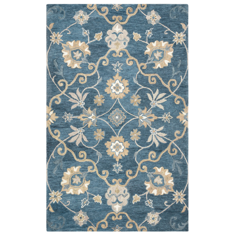 Tapis bleu en laine touffeté à la main Venery, Rectangle 9 pi x 12 pi