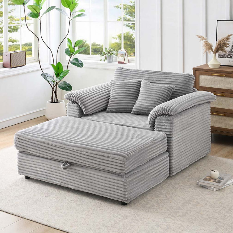 Fauteuil d'appoint en velours côtelé avec tabouret de rangement, Gris